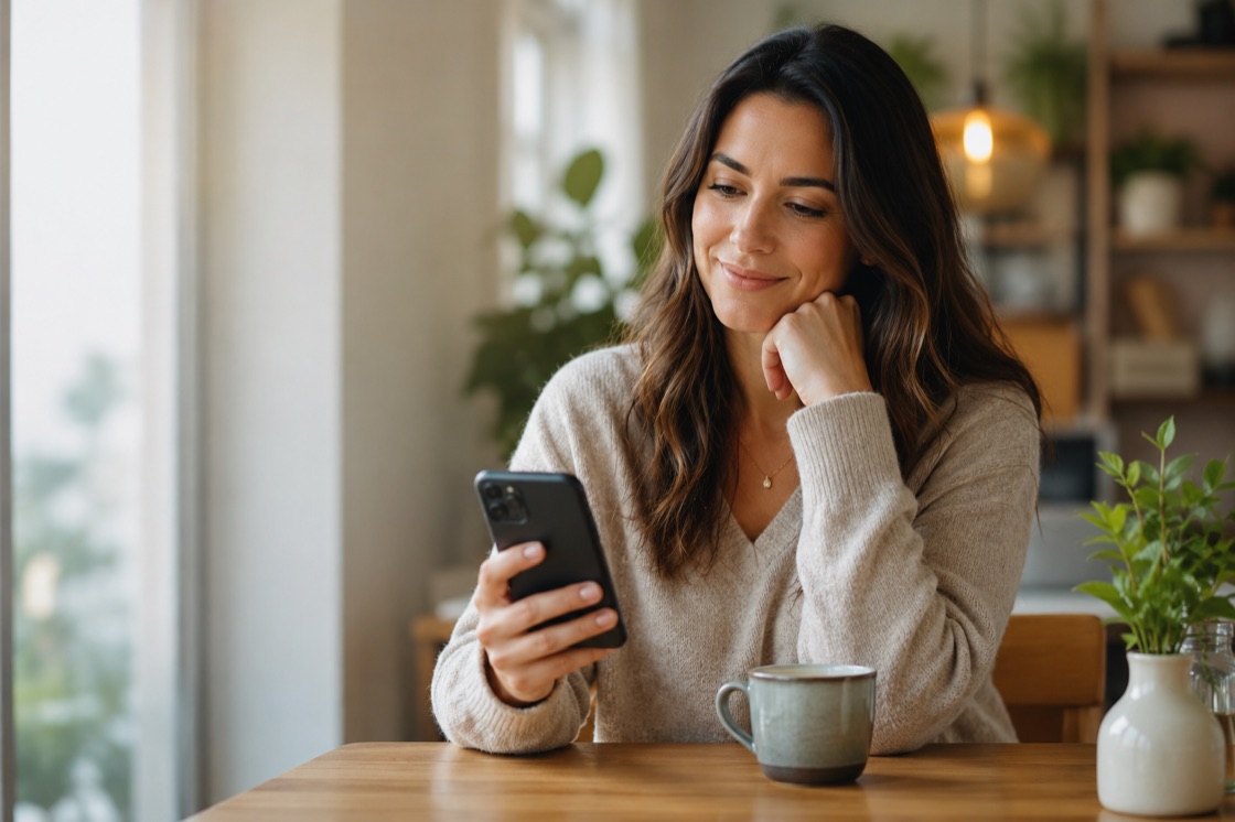 A woman checking her phone at home