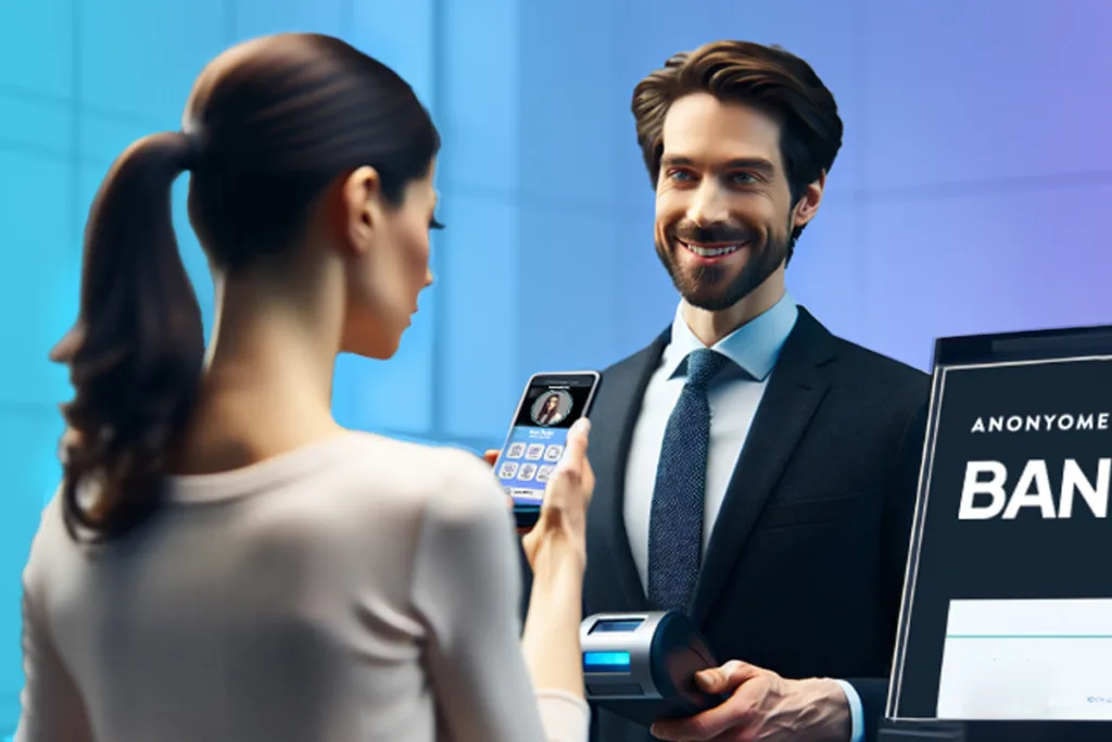 a person giving their reusable credentials to a bank teller