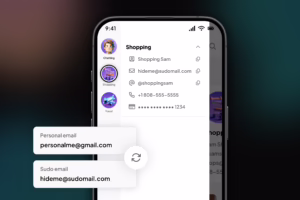 Illustration of replacing a personal email address with a private Sudo email address on a mobile app to reduce spam, protect identity, and keep signups separate.