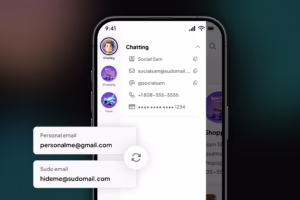 Illustration of replacing a personal email address with a private Sudo email address on a mobile app to reduce spam, protect identity, and keep signups separate.